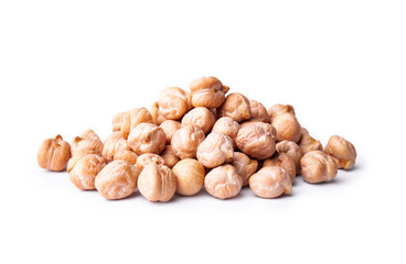 Heap of raw chickpea beans isolated on white background. Healthy vegetarian food concept. Pile of uncooked chickpeas