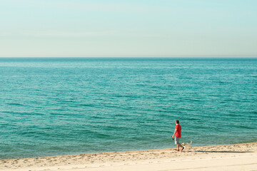 man walking the dog on the beach