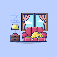 Illustration Vector Graphic of Living Room with Lazy Cat