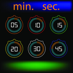 Set of icons. Stopwatch timer or digital countdown with vector minutes and seconds on display. Black background.