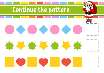 Fototapeta premium Continue the pattern. Education developing worksheet. Game for kids. Activity page. Puzzle for children. Riddle for preschool. Flat isolated vector illustration. Cute cartoon style.