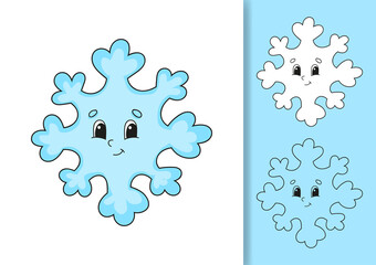 Cute snowflake. Set of vector illustrations isolated on white and colored background. Design element. Black stroke. Cartoon style.