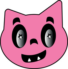 Vector illustration of a pink happy cat with two teeth in the mouth. pink cartoon funny cat smiling on a white background. icon, sticker, symbol, logo.
