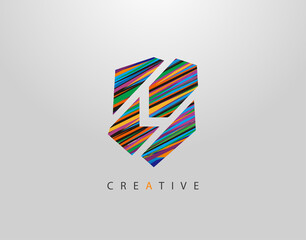 Obraz premium Art Shield L Letter Logo. Creative Modern Abstract Geometric Icon Design, made of various colorful pop art strips shapes