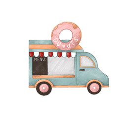 Donut van. Vintage van, kiosk with pastries and sweets. Amusement park. Hand-drawn illustration on white isolated background