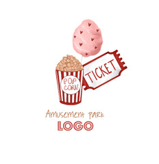 Popcorn, cotton candy and ticket. Logo in retro style. Amusement park. Hand-drawn illustration on white isolated background - 354099657