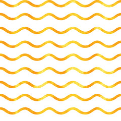 Wavy watercolor seamless pattern in vibrant gold color on white. Surface abstract design for wrapping paper, wallpaper, backdrops, fabric, textile, cute gift boxes, packaging and prints.