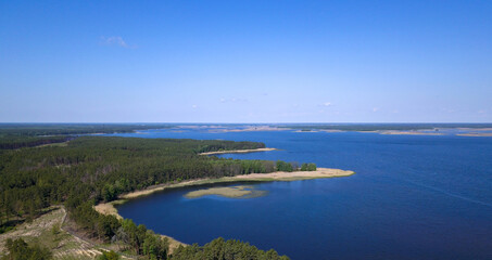Aerial view of the coniferous forest and lake