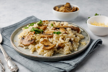 A dish of Italian cuisine - risotto from rice and mushrooms.