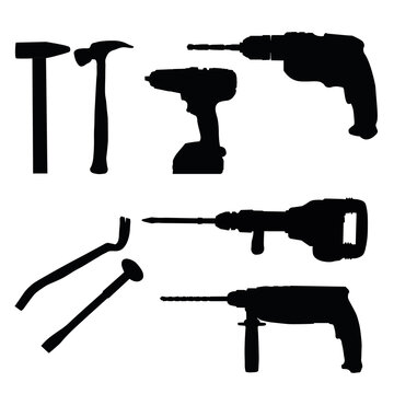 A set of repair tools. Drill, hammer drill, demolition hammer, nail puller, hammer, screwdriver, power tools, crowbar, chisel. Vector image
