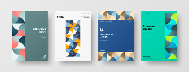 Fototapeta premium Company identity brochure template collection. Business presentation vector A4 vertical orientation front page mock up set. Corporate report cover abstract geometric illustration design layout bundle.