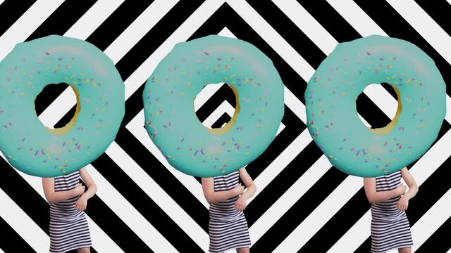 Many girls with big blue donut on heads dancing on a transparent background. 4k movie with alpha channel for any purposes. National Donut Day. Doughnut 3d model. Sweet junk food. Lifestyle concept
