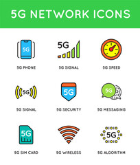 Simple line stroke vector icon set,new 5th generation mobile network 5G, high speed connection wireless systems.