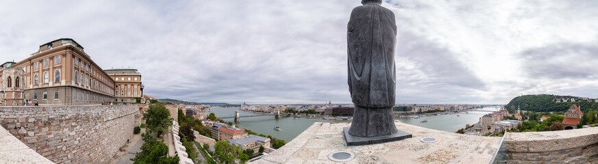 Fototapeta na wymiar Panoramic view of the city of Budapest from the Mirador of the Buda Castle located where the Virgin Mary Statue, Budapest, Hungary
