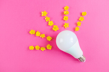 LED lamp lies on a bright pink background. Nearby - yellow flowers lie in the form of light rays. Creative concept of energy saving. Copyspace.