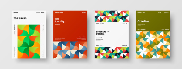 Fototapeta premium Company identity brochure template collection. Business presentation vector A4 vertical orientation front page mock up set. Corporate report cover abstract geometric illustration design layout bundle.