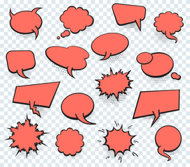 Set of blank template in Pop Art style. Vector Comic Text Speech Bubble Halftone Dot Background. Coral Color.