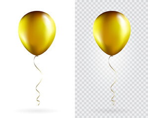 Set of Golden balloons on transparent white background. Party Balloons event design decoration. Mockup for balloon print. Vector.