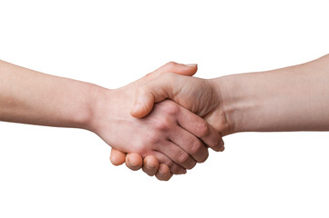 A man and a woman shaking hands, isolated on white background