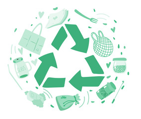 Zero Waste. Recycled Symbol. Vector illustration. Hand Drawn.