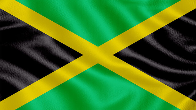 Flag of Jamaica. Realistic waving flag 3D render illustration with highly detailed fabric texture.