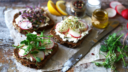 Fototapeta na wymiar Open sandwiches with white cheese, radish and microgreens. Healthy toast for breakfast or snack.