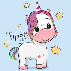 Cartoon Unicorn and stars on a blue background