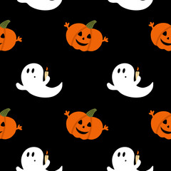 Seamless pattern of pumpkins and ghosts. Decoration for Halloween. Suitable for textile and wrapping paper.