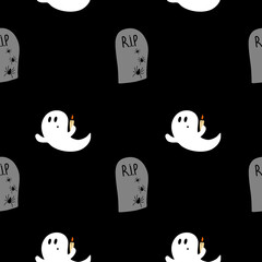 Seamless pattern of ghosts and gravestones. Decoration for Halloween. Suitable for textile and wrapping paper.