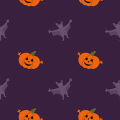 Seamless pattern of pumpkins and bats.Violet background. Decoration for Halloween. Suitable for textile and wrapping paper.