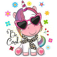Cartoon unicorn with sun glasses on a white background