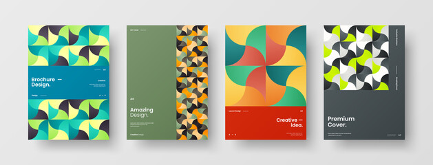 Naklejka premium Company identity brochure template collection. Business presentation vector A4 vertical orientation front page mock up set. Corporate report cover abstract geometric illustration design layout bundle.