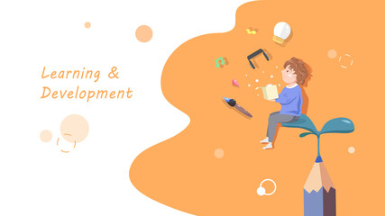 People vector, education learning and development, boy thinking, art skill and idea creative concept, flat design background illustration