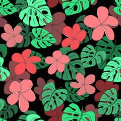 Seamless hand-drawn tropical pattern with exotic monstera leaves, exotic flowers on a dark background.