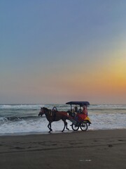 Fototapeta na wymiar Horse cart at Tropical Sunset Sea