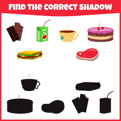 Educational game for children. Find the correct shadow. Food and dishes. Mini-game for children.