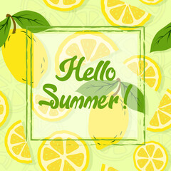 Summer tropical theme background or template with a space for a text, various fruits, green leaves. EPS 10