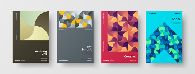 Fototapeta premium Company identity brochure template collection. Business presentation vector A4 vertical orientation front page mock up set. Corporate report cover abstract geometric illustration design layout bundle.