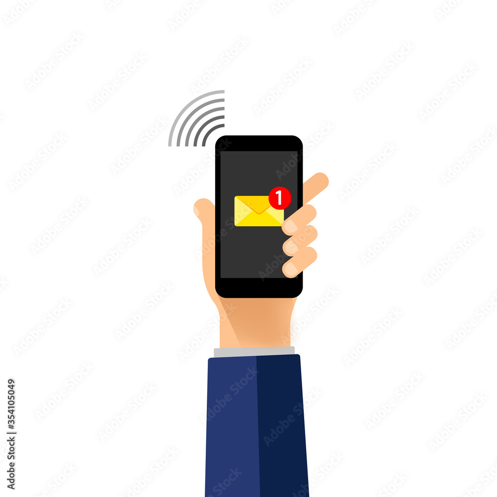 Poster hand holds a mobile phone on the screen envelope. new email notification on mobile phone. smartphone