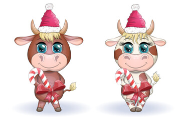 Cute cartoon cow, bull with Christmas candy and in a red Santa Claus hat, symbol 2021 on the eastern calendar