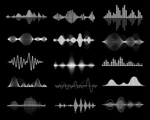Sound Wave Icon set. Equalize audio and music white waves collection, melody volume level symbol. Vector