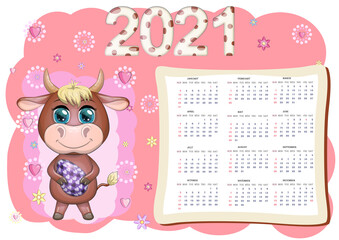 Calendar 2021. The bull is a symbol of the new year, Cartoon cow. Chinese horoscope calendar.