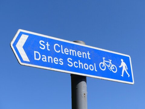 Walking And Cycling Route Sign To St. Clement Danes School, Chorleywood, Hertfordshire, England, UK