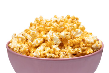 Popcorn in pink big bowl isolated on white background. Unhealthy food concept. Health promotion concept.