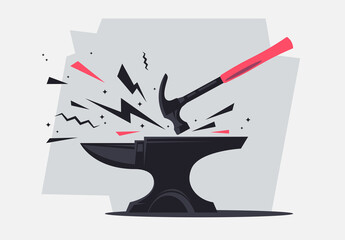 Vector illustration of a metal anvil with a hammer with sparks, tools for a blacksmith