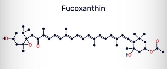Fucoxanthin, C42H58O6, xanthophyll molecule. It has anticancer, anti-diabetic, anti-oxidative, neuroprotective properties. Skeletal chemical formula