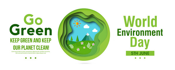 World environment day concept. 3d paper cut eco friendly design. Green earth , Renewable energy for ecology and environment conservation concept paper art design. Vector illustration.  - 354106476