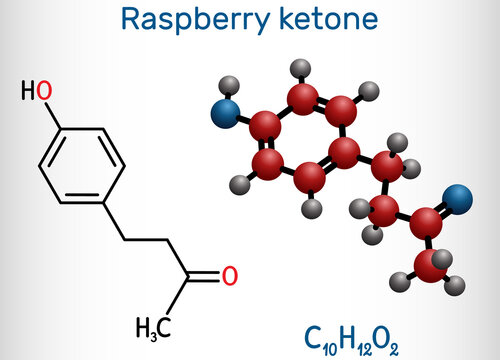 Raspberry ketone, frambinone, rheosmin , C10H12O2 molecule. It is natural phenolic compound and food additive. Structural chemical formula and molecule model