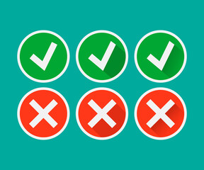 Tick and cross signs. Green checkmark OK and red X icon isolated on white background. Vector illustration.