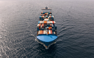 Container ship sailing in sea. High angled view
